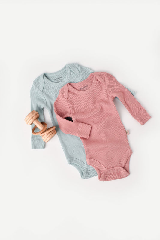 Set 2 body-uri cu maneca lunga bebe unisex din bumbac organic si modal - Mint/Rose, BabyCosy