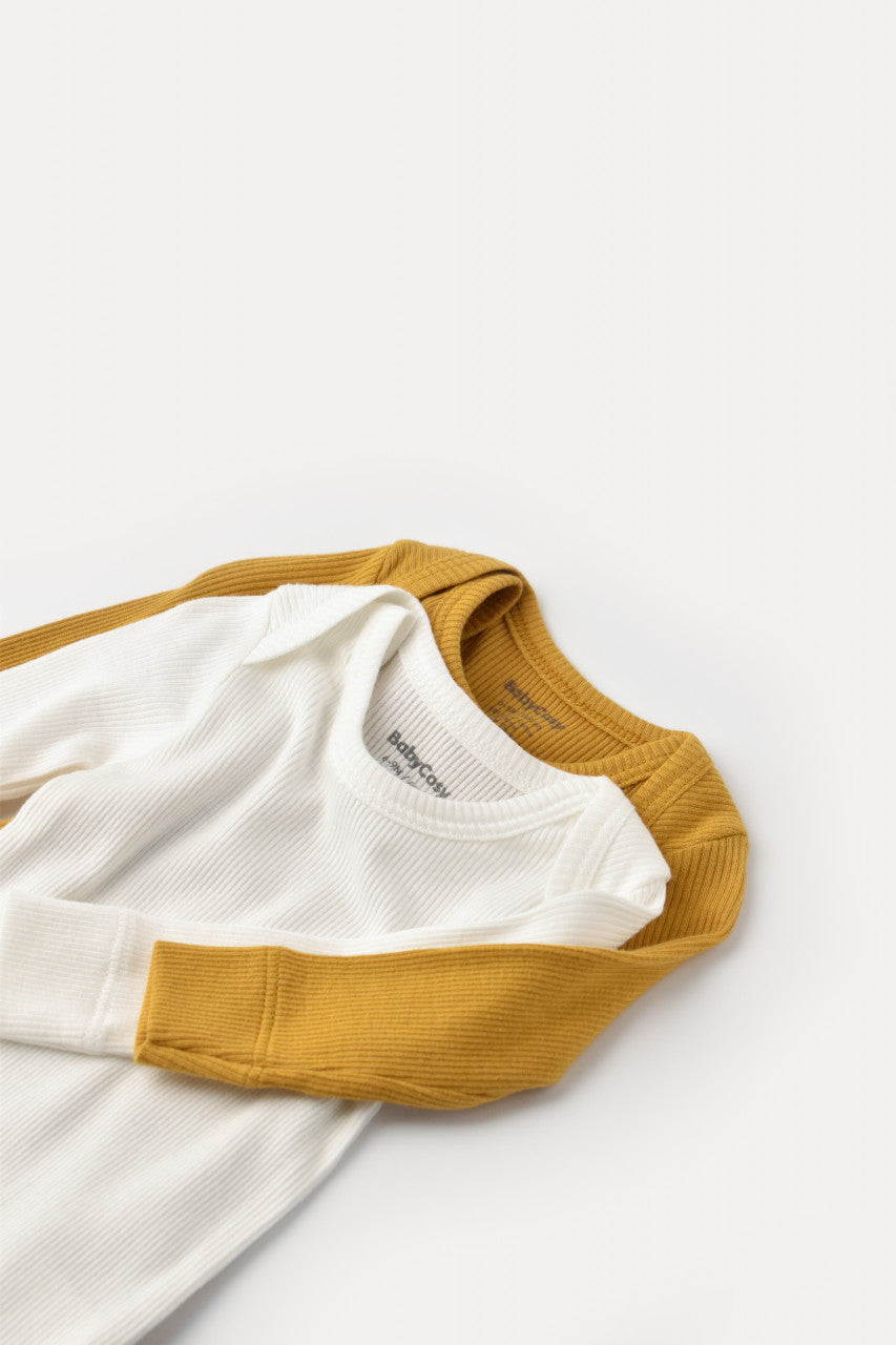 Set 2 body-uri cu maneca lunga bebe unisex din bumbac organic si modal - Mustar/Ecru, BabyCosy