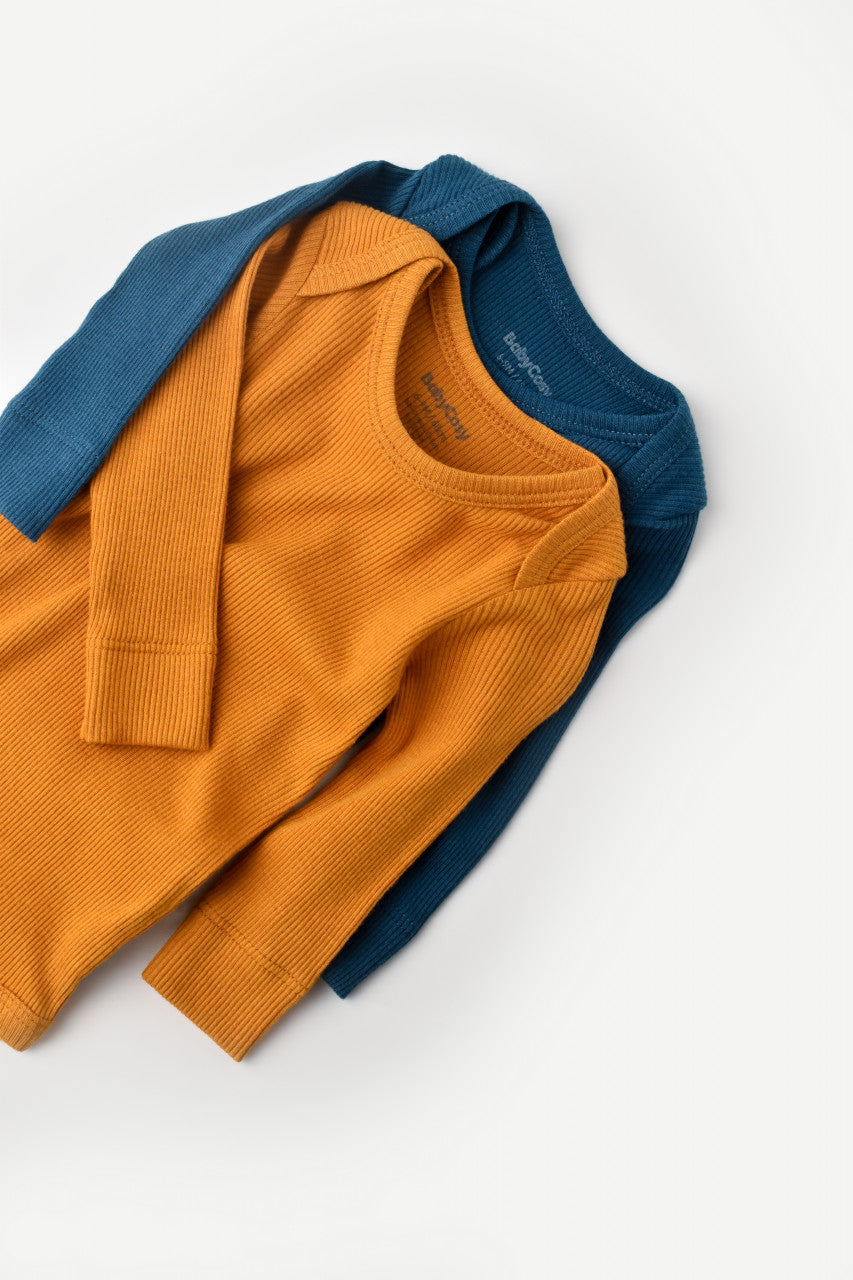 Set 2 body-uri cu maneca lunga bebe unisex din bumbac organic si modal - Bleumarin/Sofran, BabyCosy