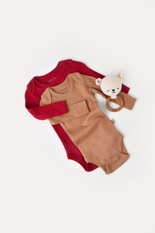 Set 2 body-uri cu maneca lunga bebe unisex din bumbac organic si modal - Maro/Rosu, BabyCosy