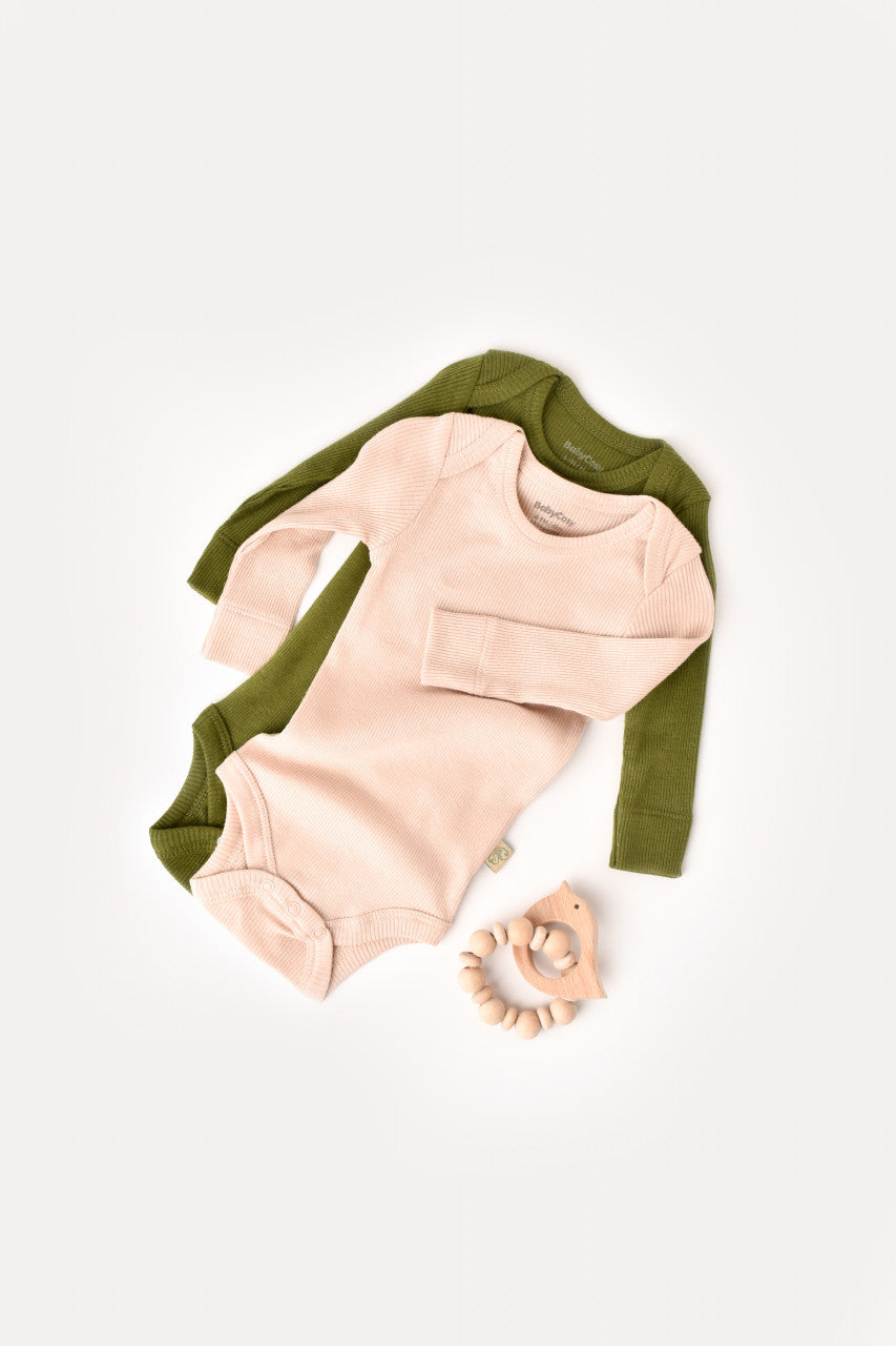 Set 2 body-uri cu maneca lunga bebe unisex din bumbac organic si modal - Verde/Blush, BabyCosy