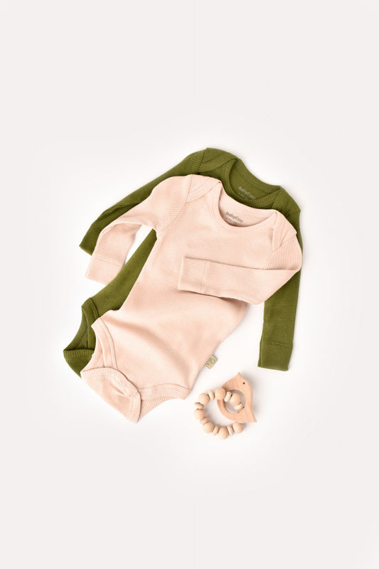 Set 2 body-uri cu maneca lunga bebe unisex din bumbac organic si modal - Verde/Blush, BabyCosy