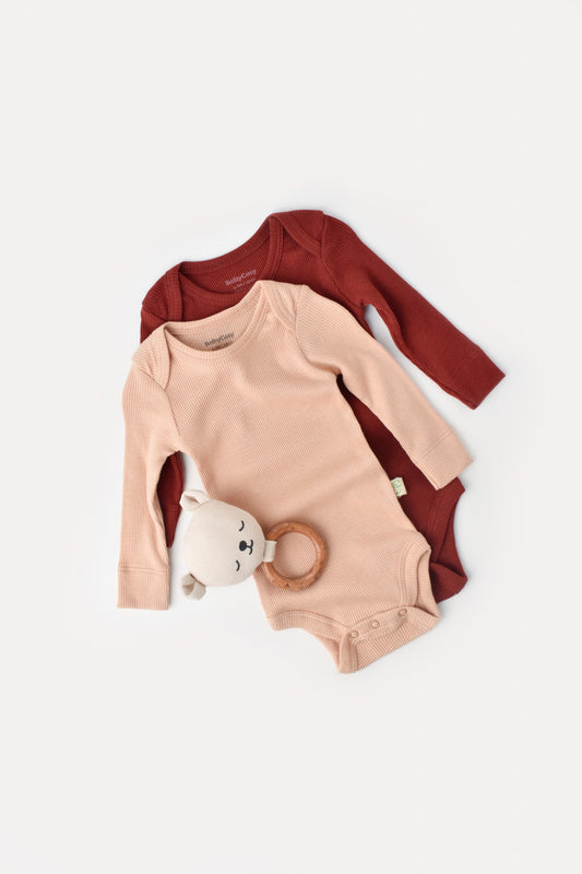 Set 2 body-uri cu maneca lunga bebe unisex din bumbac organic si modal - Caramiziu/Somon, BabyCosy