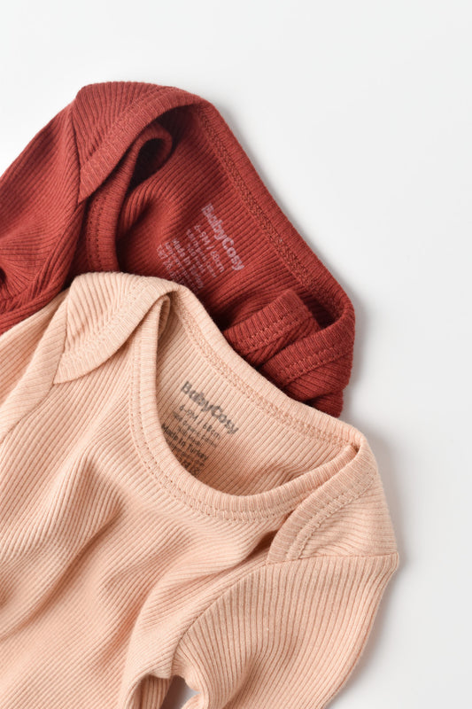 Set 2 body-uri cu maneca lunga bebe unisex din bumbac organic si modal - Caramiziu/Somon, BabyCosy