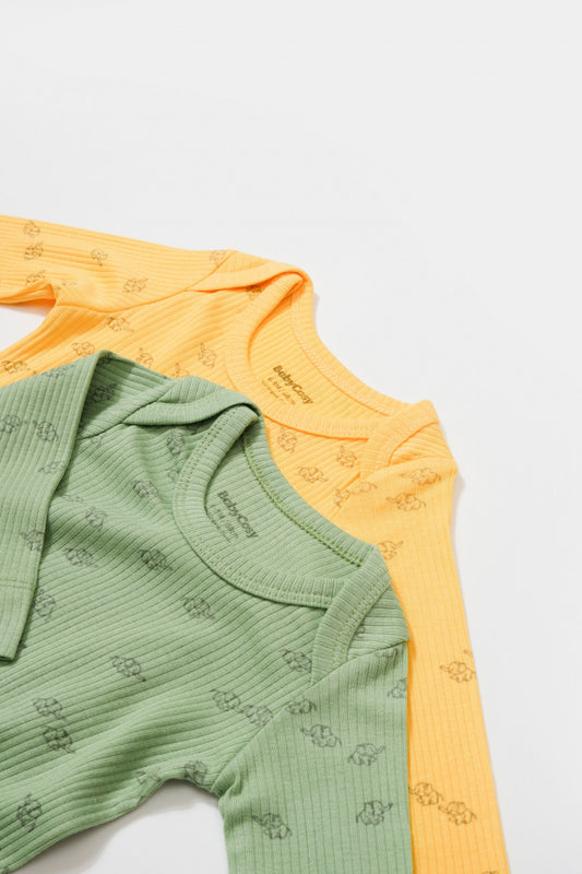 Set 2 body-uri cu maneca lunga Printed, BabyCosy, 50% modal+50% bumbac, Lamaie/Verde