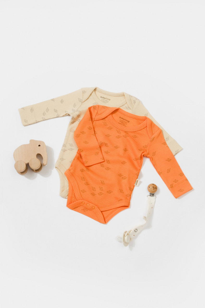 Set 2 body-uri cu maneca lunga Printed, BabyCosy, 50% modal+50% bumbac, Stone/Apricot