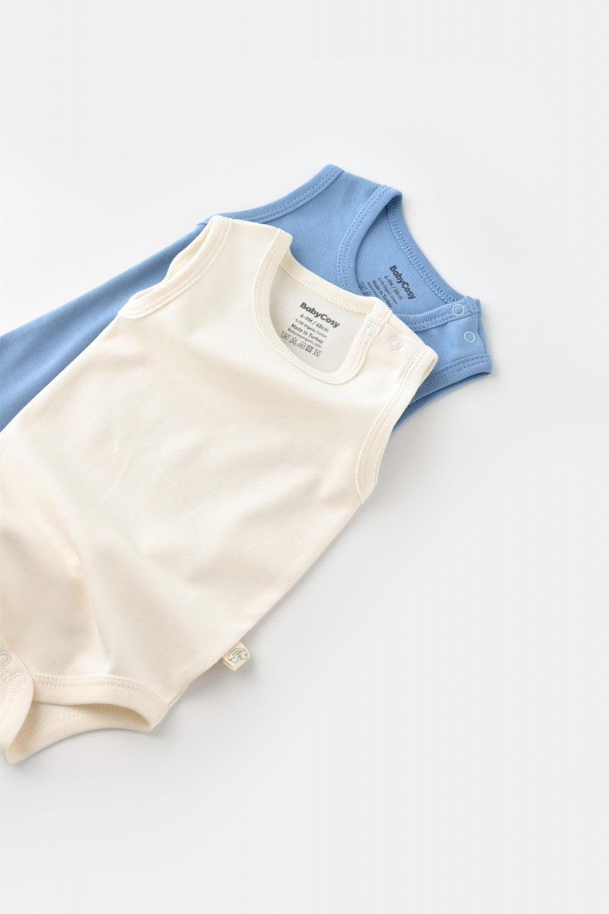 Set 2 body-uri fara maneci bebe unisex -100% bumbac organic - Ecru/Bleu, BabyCosy