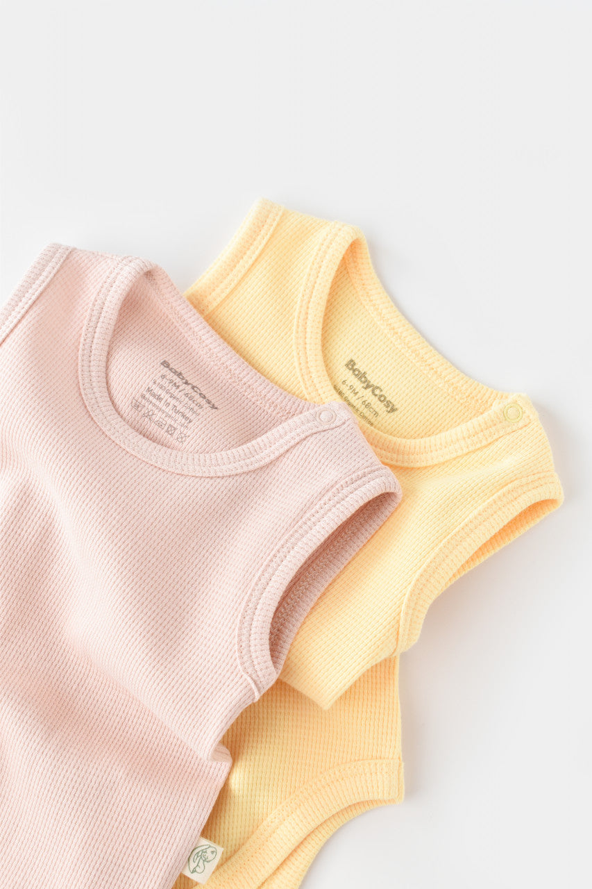 Set 2 body-uri fara maneci bebe unisex -100% bumbac organic - Galben/Roz, BabyCosy