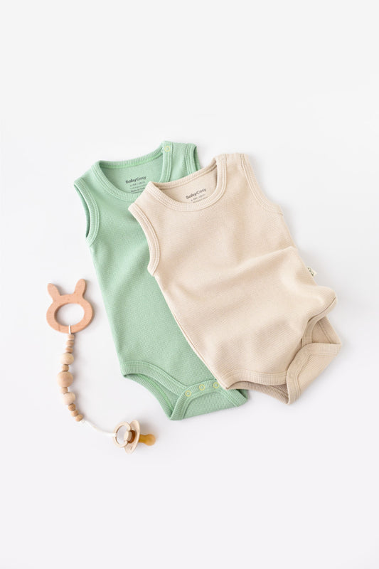 Set 2 body-uri fara maneci bebe unisex -100% bumbac organic - Mint/Stone, BabyCosy
