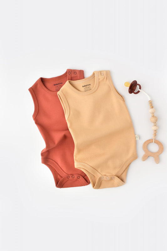 Set 2 body-uri fara maneci bebe unisex -100% bumbac organic - Mustar/ Scortisoara, BabyCosy