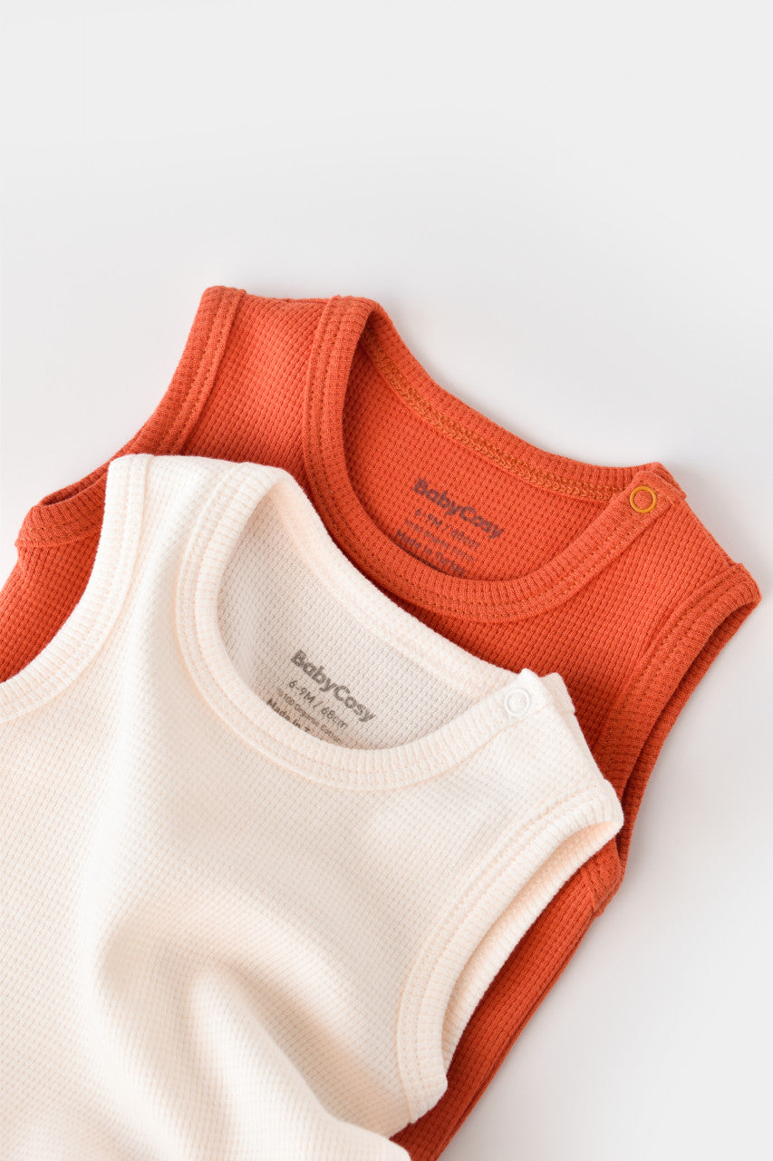 Set 2 body-uri fara maneci bebe unisex -100% bumbac organic -Scortisoara/Ecru, BabyCosy