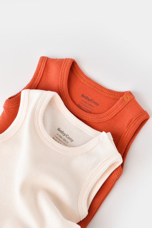 Set 2 body-uri fara maneci bebe unisex -100% bumbac organic -Scortisoara/Ecru, BabyCosy