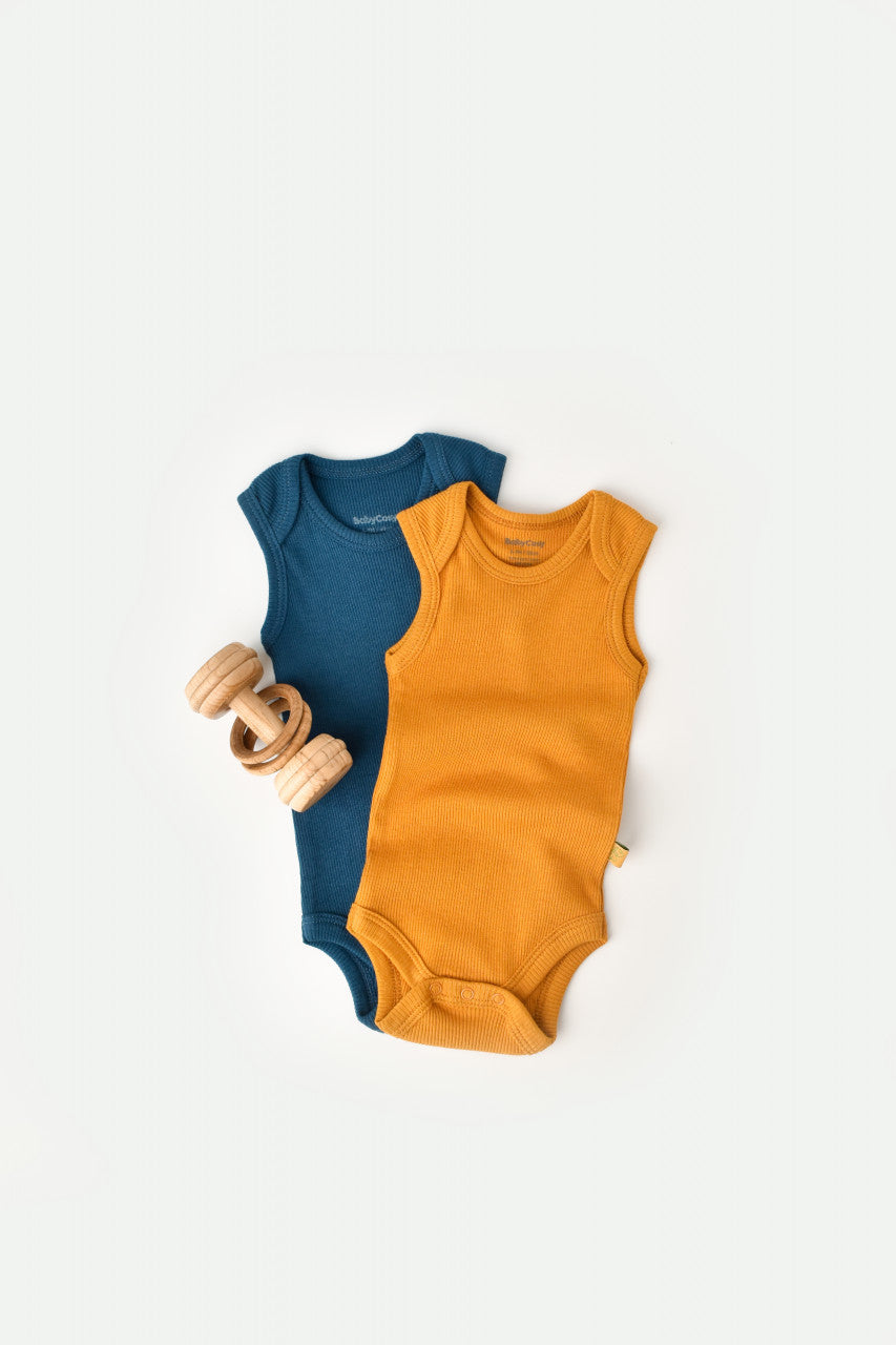 Set 2 body-uri fara maneci bebe unisex din bumbac organic si modal - Bleumarin/Sofran, BabyCosy