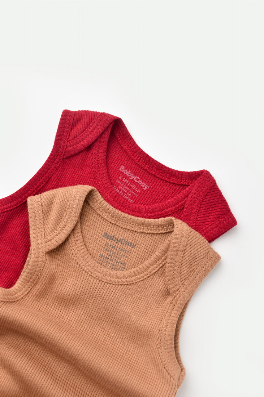 Set 2 body-uri fara maneci bebe unisex din bumbac organic si modal - Maro/Rosu, BabyCosy