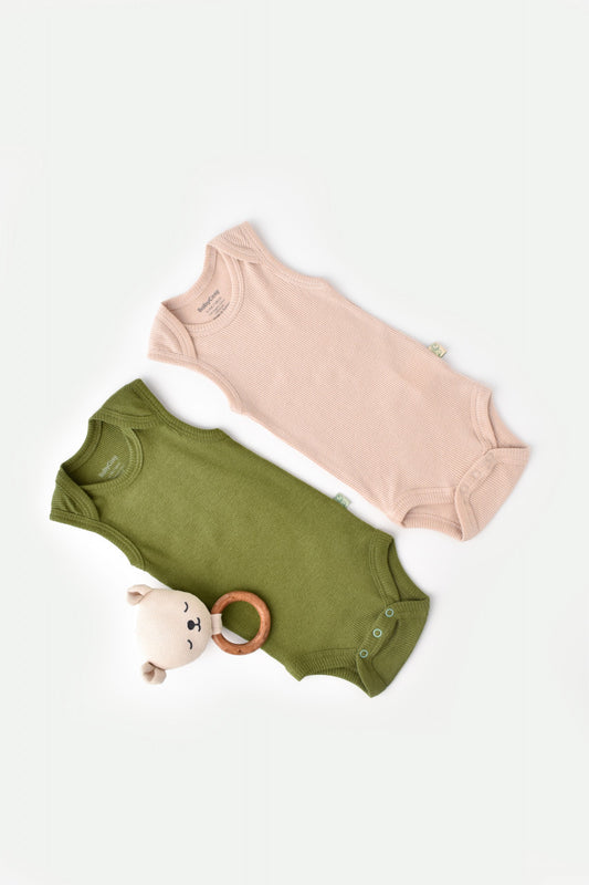 Set 2 body-uri fara maneci bebe unisex din bumbac organic si modal - Verde/Blush, BabyCosy