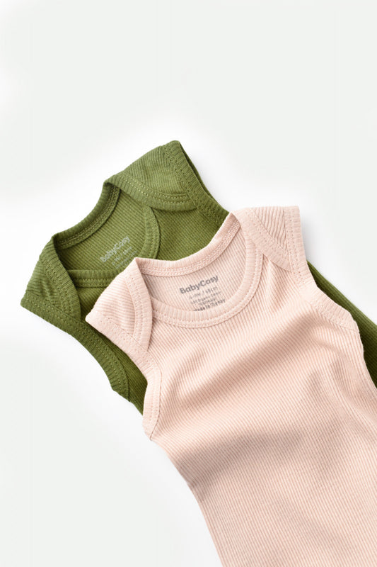Set 2 body-uri fara maneci bebe unisex din bumbac organic si modal - Verde/Blush, BabyCosy