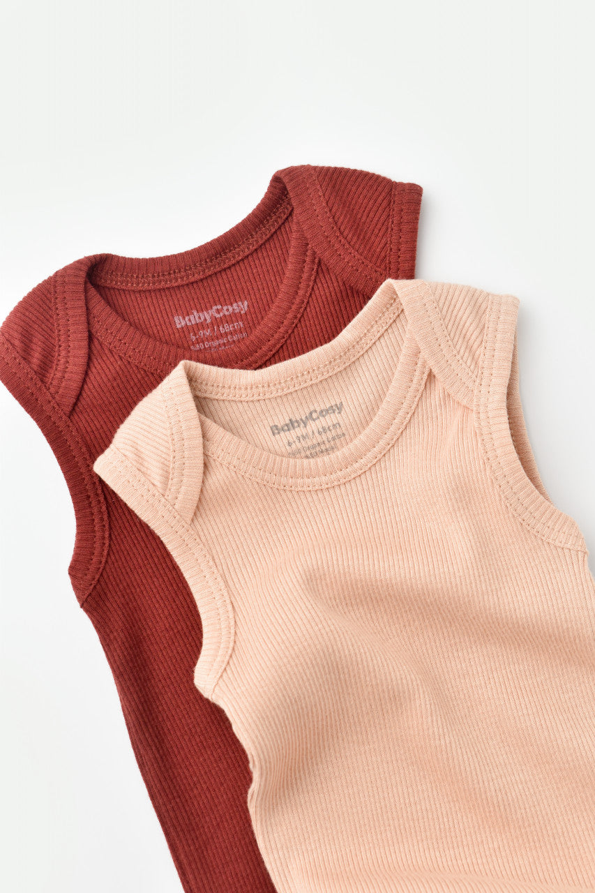 Set 2 body-uri fara maneci bebe unisex din bumbac organic si modal - Caramiziu/Somon, BabyCosy