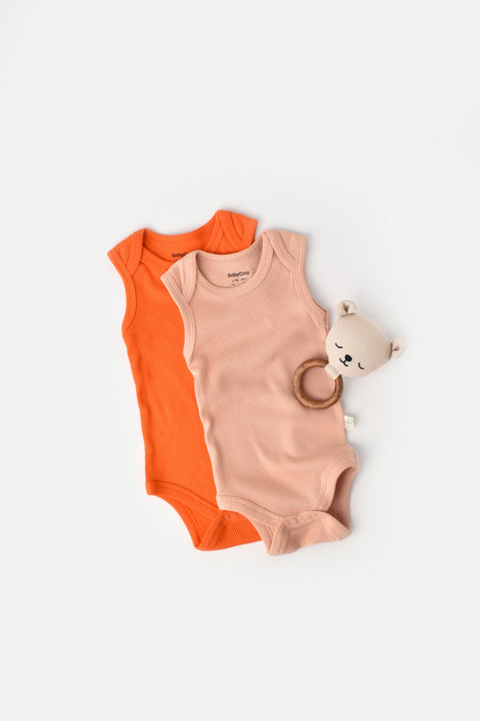 Set 2 body-uri fara maneci bebe unisex din bumbac organic si modal - Rodie/Piersica, BabyCosy