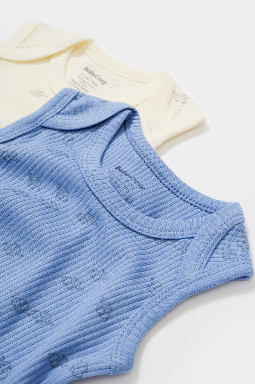 Set 2 body-uri fara maneci Printed, BabyCosy, 50% modal+50% bumbac, Ecru/Lavanda