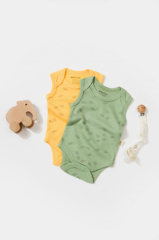 Set 2 body-uri fara maneci Printed, BabyCosy, 50% modal+50% bumbac, Lamaie/Verde