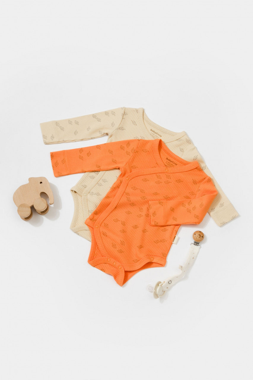 Set 2 body-uri petrecute Printed, BabyCosy, 50% modal+50% bumbac, Stone/Apricot