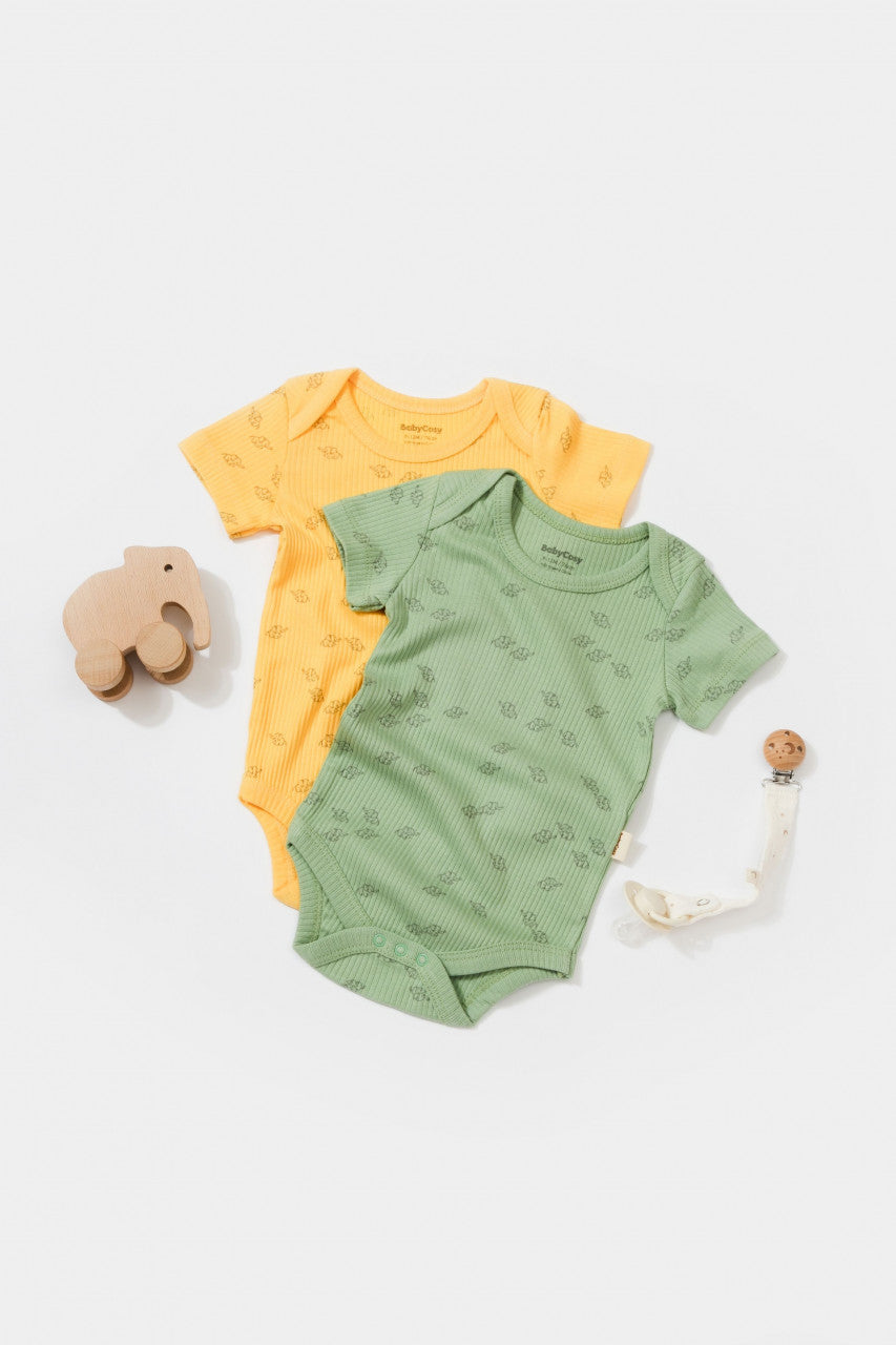 Set 2 body-uri Printed, BabyCosy, 50% modal+50% bumbac, Lamaie/Verde