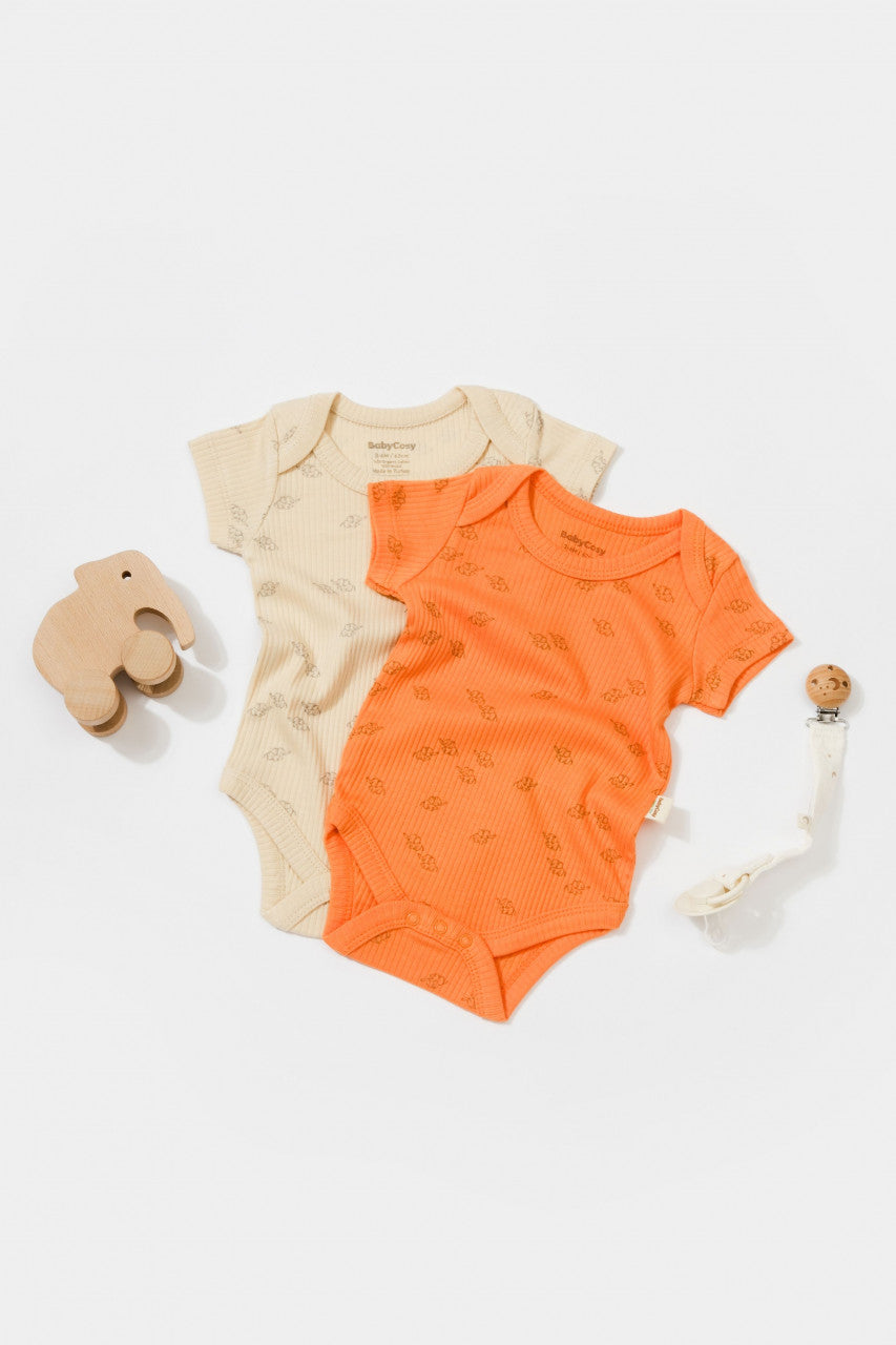 Set 2 body-uri Printed, BabyCosy, 50% modal+50% bumbac, Stone/Apricot