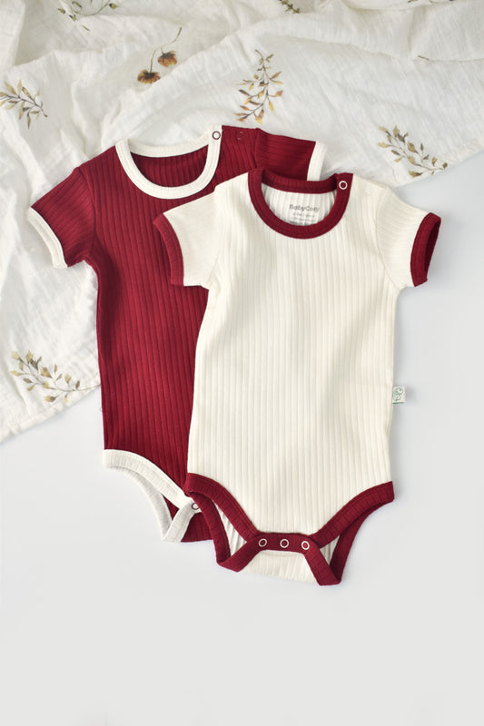 Set 2 body-uri Ribana Bebe Unisex din bumbac organic si 5%elastan - Ecru/Bordo, BabyCosy