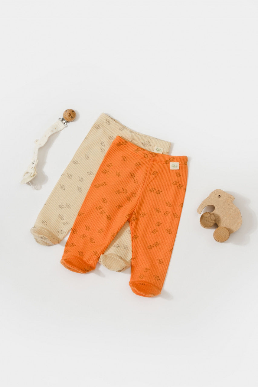 Set 2 pantalonasi cu botosei Printed, BabyCosy, 50% modal+50% bumbac, Stone/Apricot