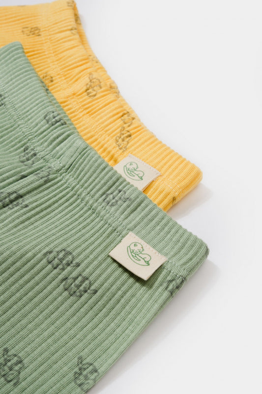 Set 2 pantalonasi cu botosei Printed, BabyCosy, 50% modal+50% bumbac, Lamaie/Verde