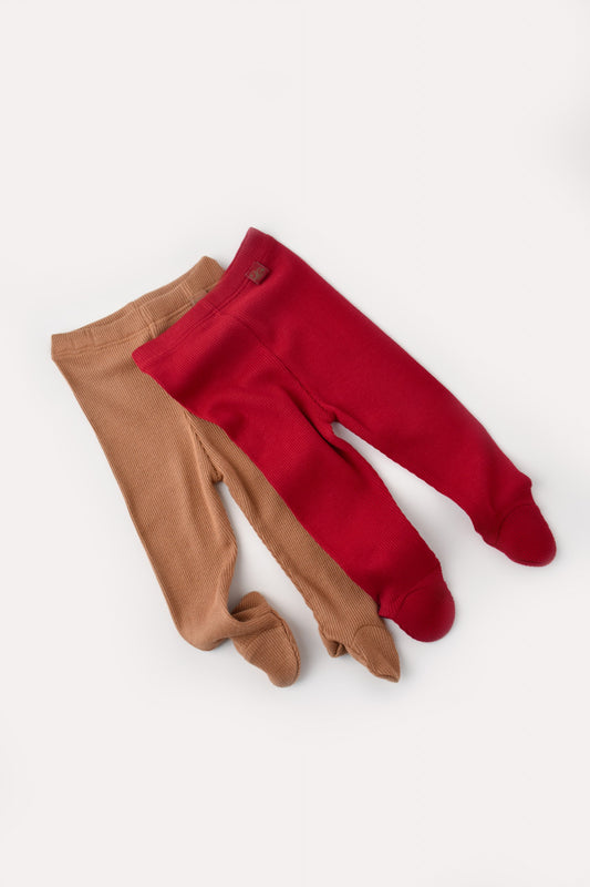 Set 2 pantaloni cu botosei bebe unisex din bumbac organic si modal - Maro/Rosu, BabyCosy