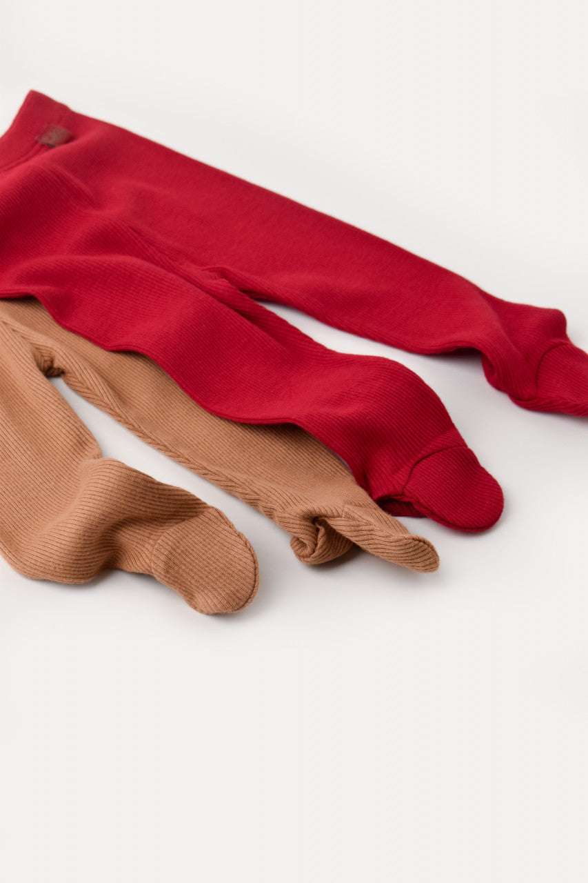 Set 2 pantaloni cu botosei bebe unisex din bumbac organic si modal - Maro/Rosu, BabyCosy