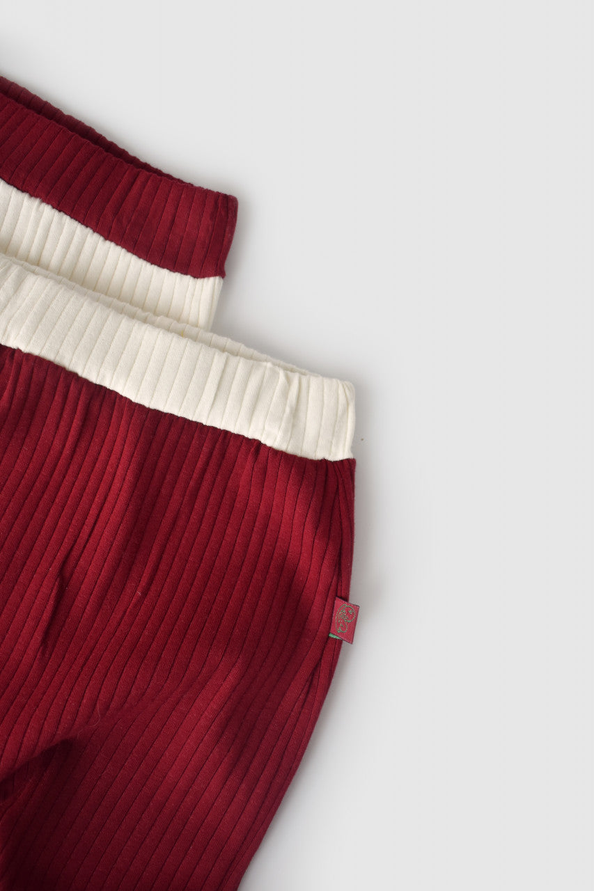 Set 2 pantaloni Ribana Bebe Unisex din bumbac organic si 5%elastan - Ecru/Bordo, BabyCosy