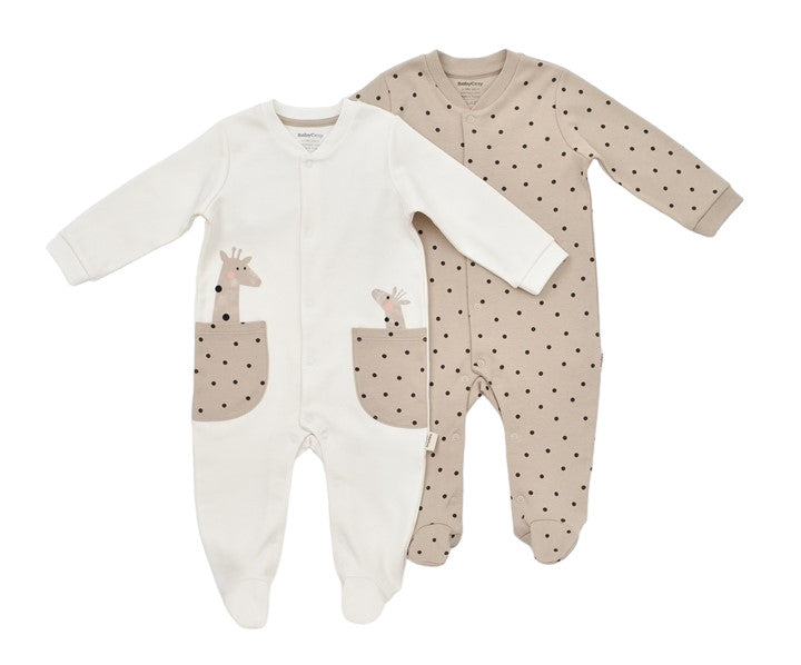 Set 2 salopete cu buzunare Girafa, BabyCosy, 100% bumbac organic