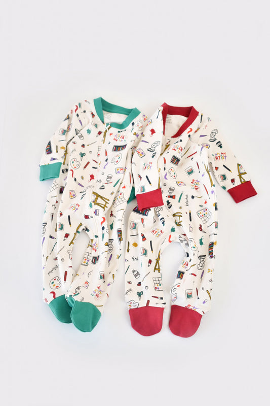 Set 2 salopetele cu maneca lunga si pantaloni cu botosei si fermoar - 100%bumbac organic - Rosu si verde, BabyCosy