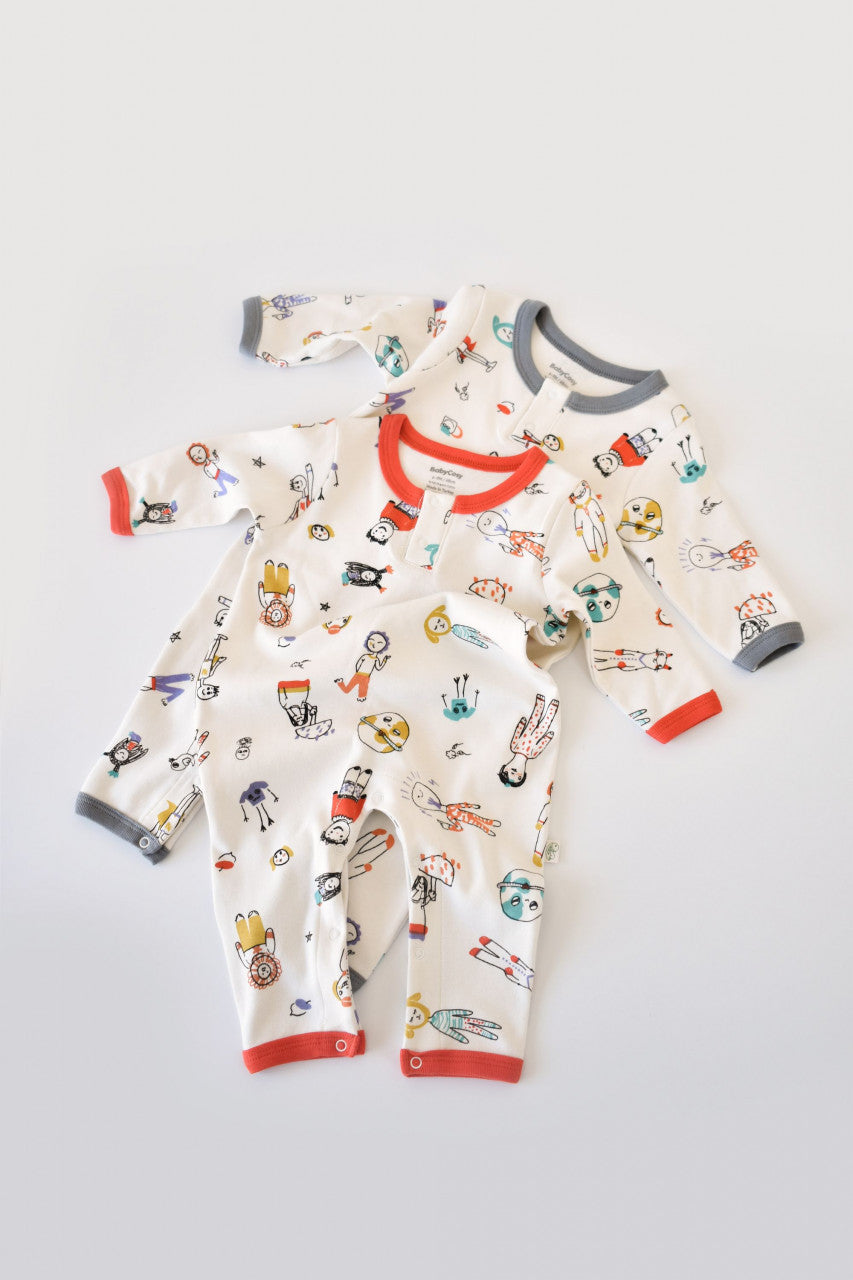 Set 2 salopetele cu maneca lunga si pantaloni lungi - 100%bumbac organic - Rosu si Gri, BabyCosy