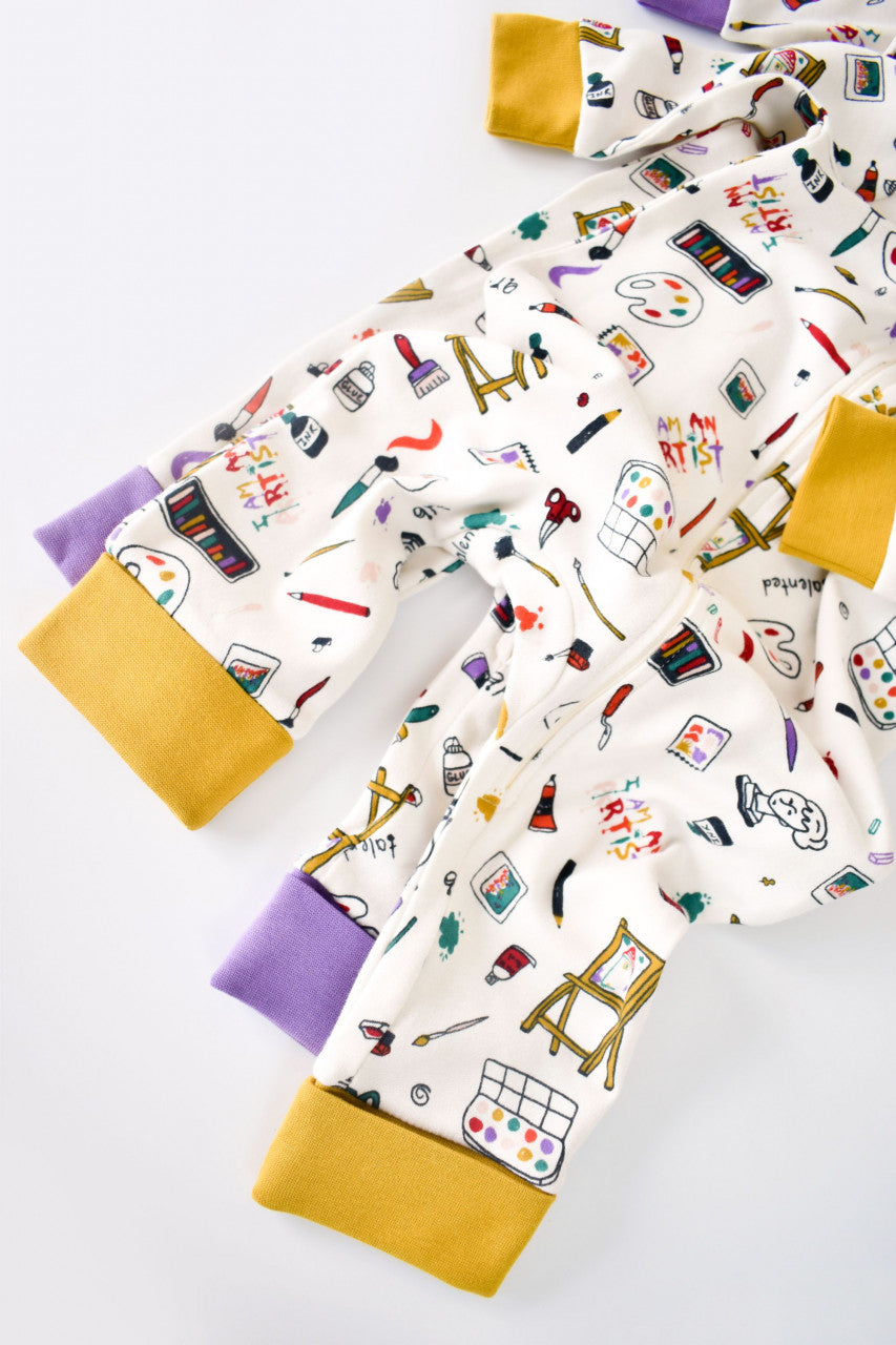 Set 2 salopetele cu maneca lunga si pantaloni lungi cu fermoar - 100%bumbac organic - Galben si Mov, BabyCosy