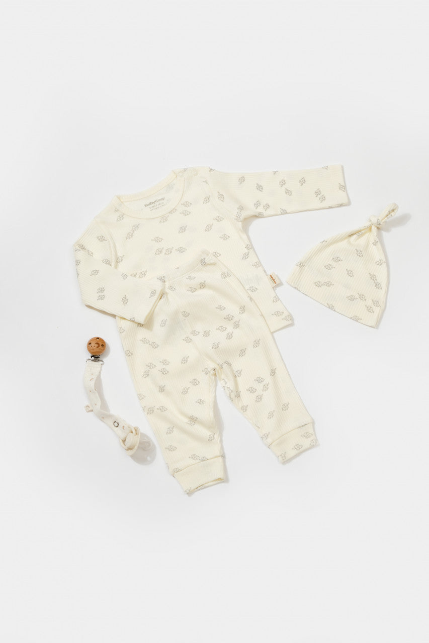 Set 3 piese:bluza, pantaloni si caciulita Printed, BabyCosy, 50% modal+50% bumbac, Ecru