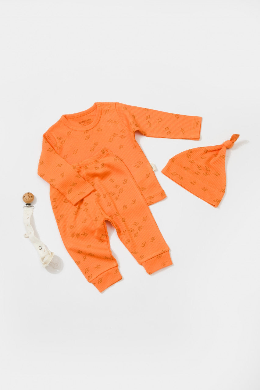 Set 3 piese:bluza, pantaloni si caciulita Printed, BabyCosy, 50% modal+50% bumbac, Apricot