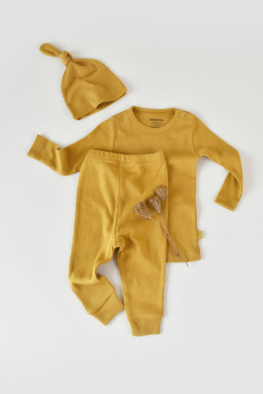 Set 3 piese: bluzita cu maneca lunga, pantaloni lungi si caciulita din bumbac organic si modal - Sofran, BabyCosy