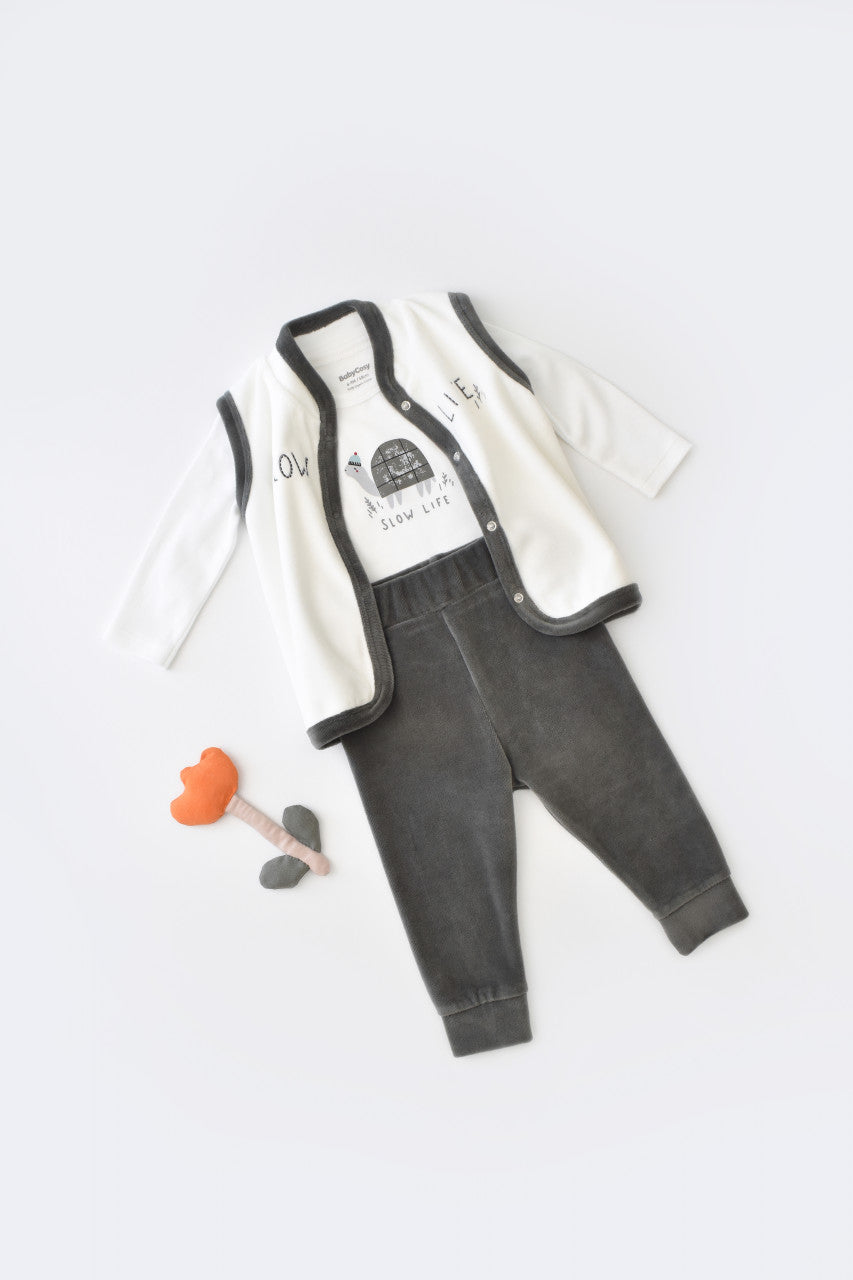 Set 3 piese Broscuta cu body, pantalonasi si vestuta din 80%bumbac organic si 20% poliester - Antracit, BabyCosy