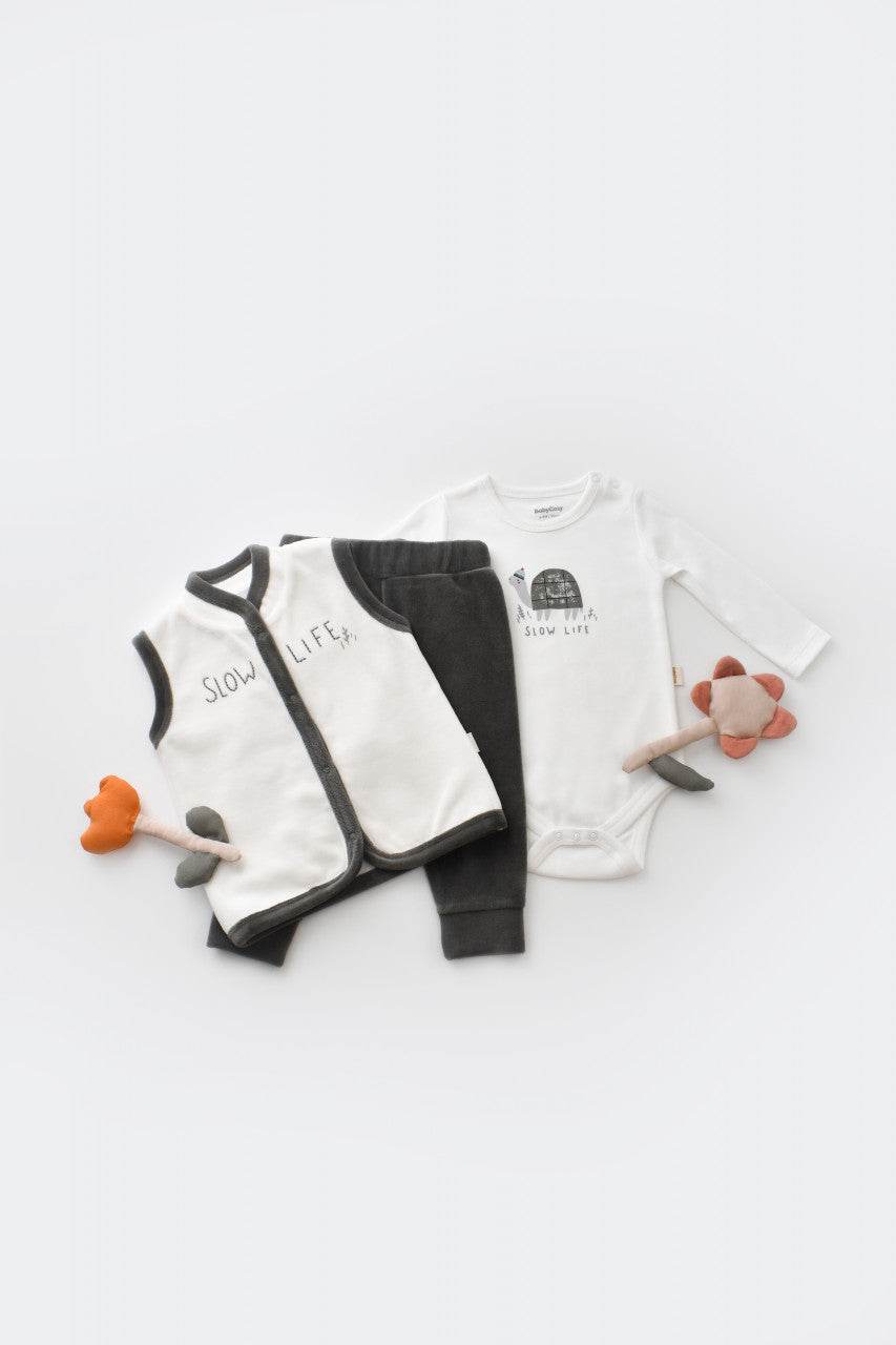 Set 3 piese Broscuta cu body, pantalonasi si vestuta din 80%bumbac organic si 20% poliester - Antracit, BabyCosy