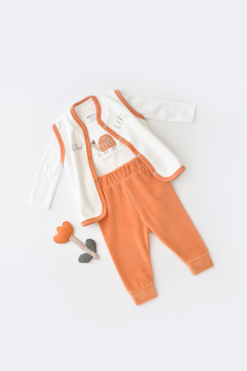 Set 3 piese Broscuta cu body, pantalonasi si vestuta din 80%bumbac organic si 20% poliester - Portocaliu, BabyCosy