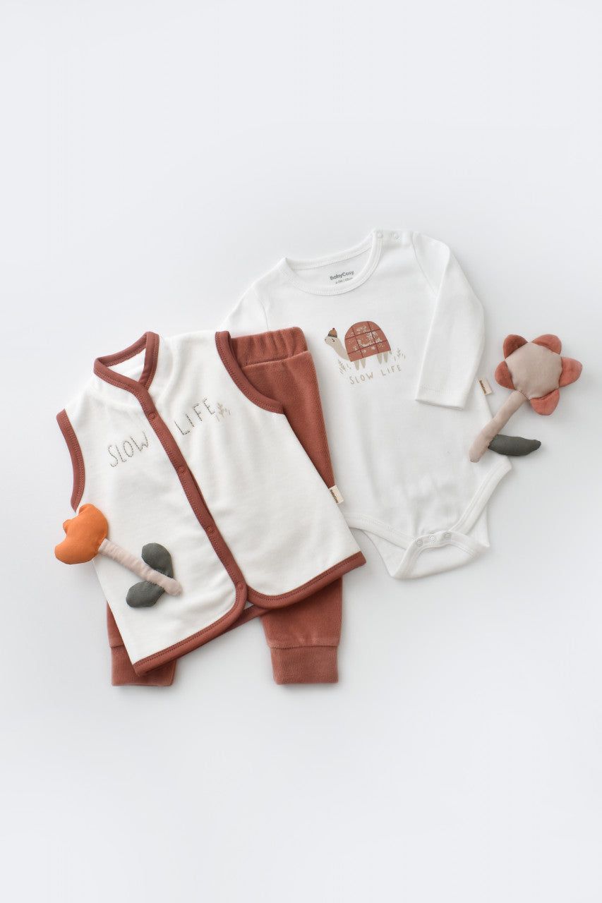 Set 3 piese Broscuta cu body, pantalonasi si vestuta din 80%bumbac organic si 20% poliester - Caramiziu, BabyCosy