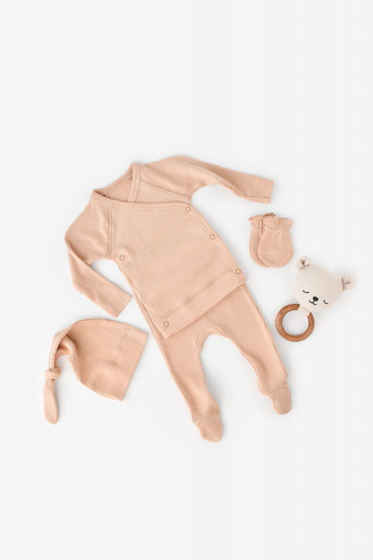 Set 4 piese: bluza, pantaloni, caciulita si manusi din bumbac organic si modal - Somon, BabyCosy