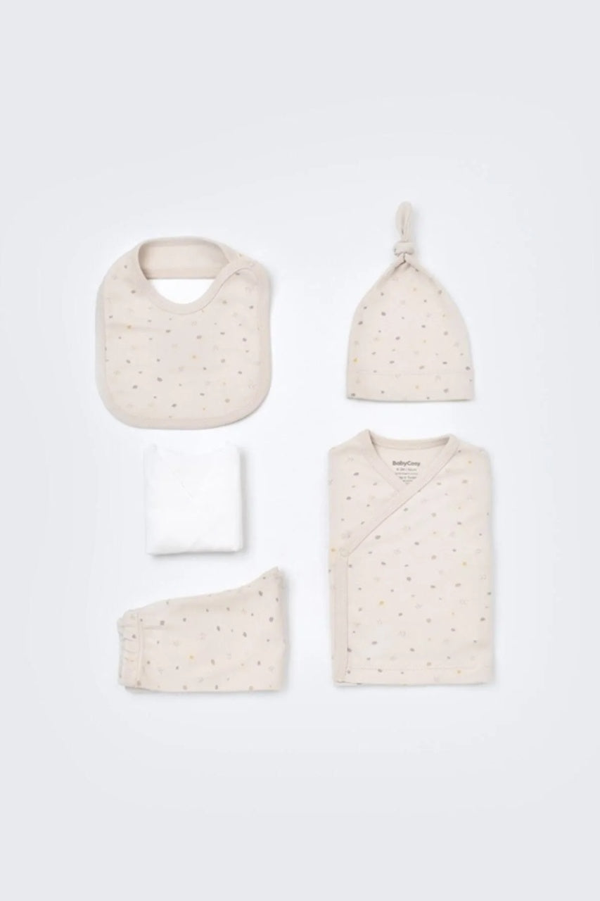 Set 5 piese pentru nou nascut - 100% bumbac organic - Crem cu buline, BabyCosy