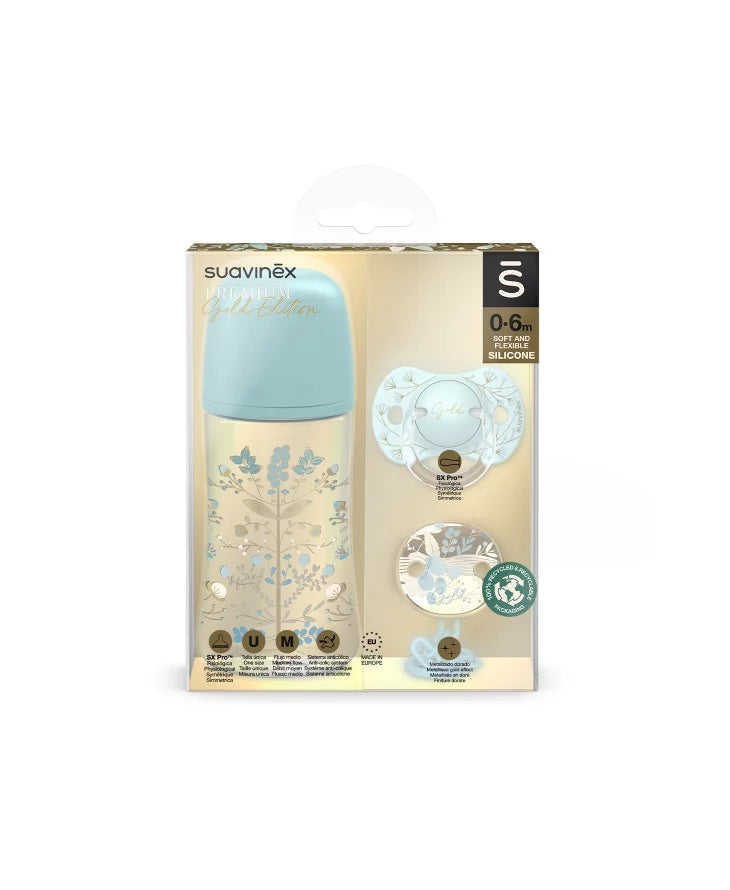 Set biberon 270ml + suzetă 0-6m + lănțișor Albastru Gold Premium