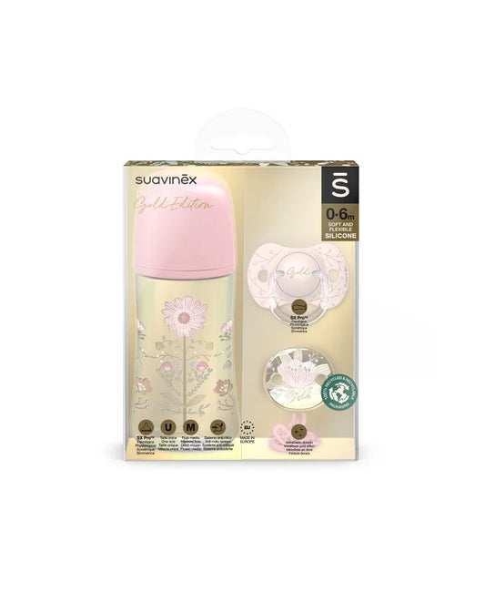 Set biberon 270ml + suzetă 0-6m + lănțișor Roz Gold Premium