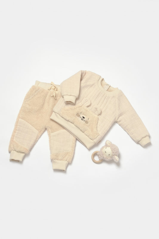 Set bluza cu buzunar si pantaloni Ursulet, Winter muselin, 100% bumbac dublat - Stone, BabyCosy