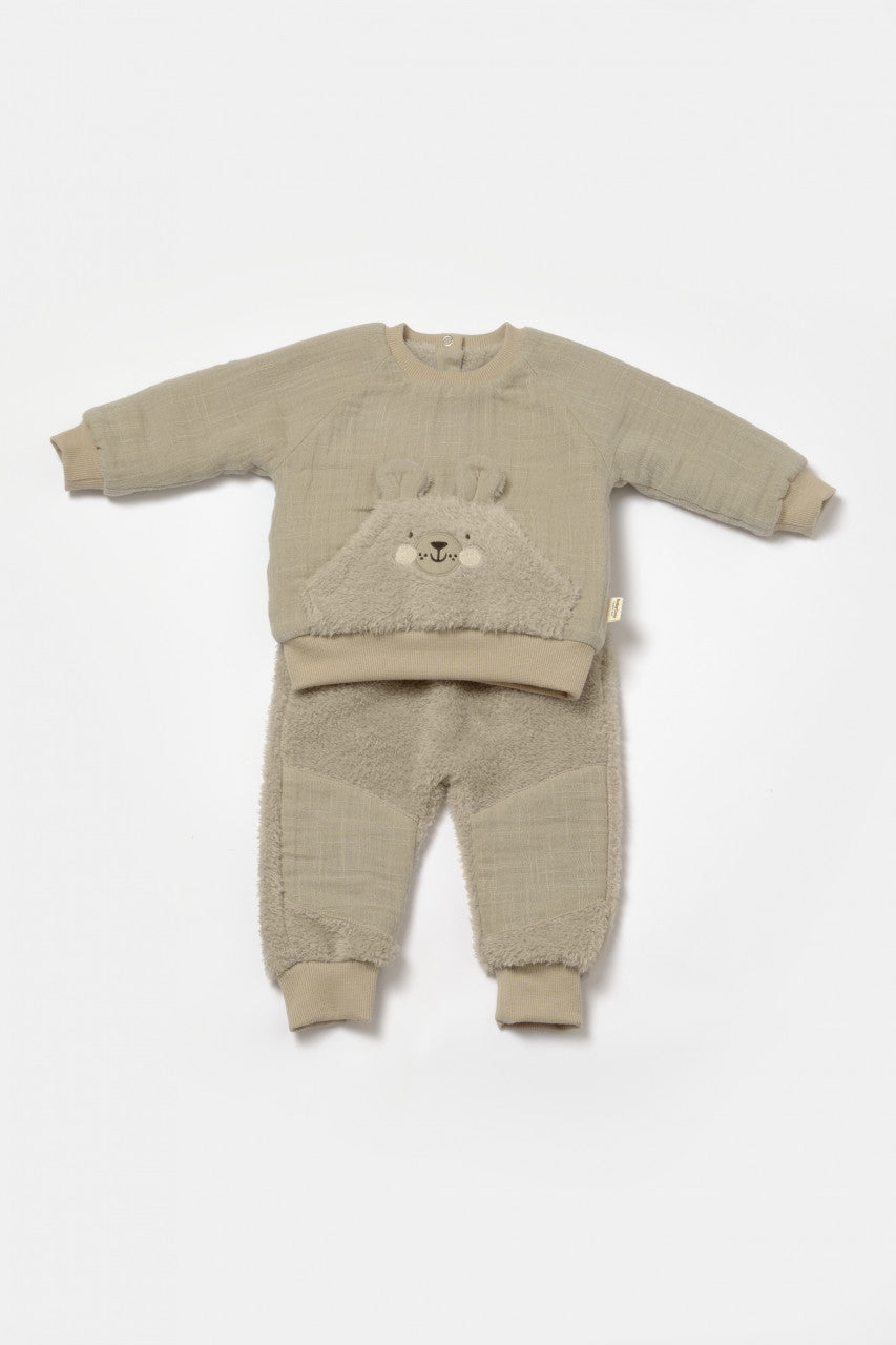 Set bluza cu buzunar si pantaloni Ursulet, Winter muselin, 100% bumbac dublat - Verde, BabyCosy